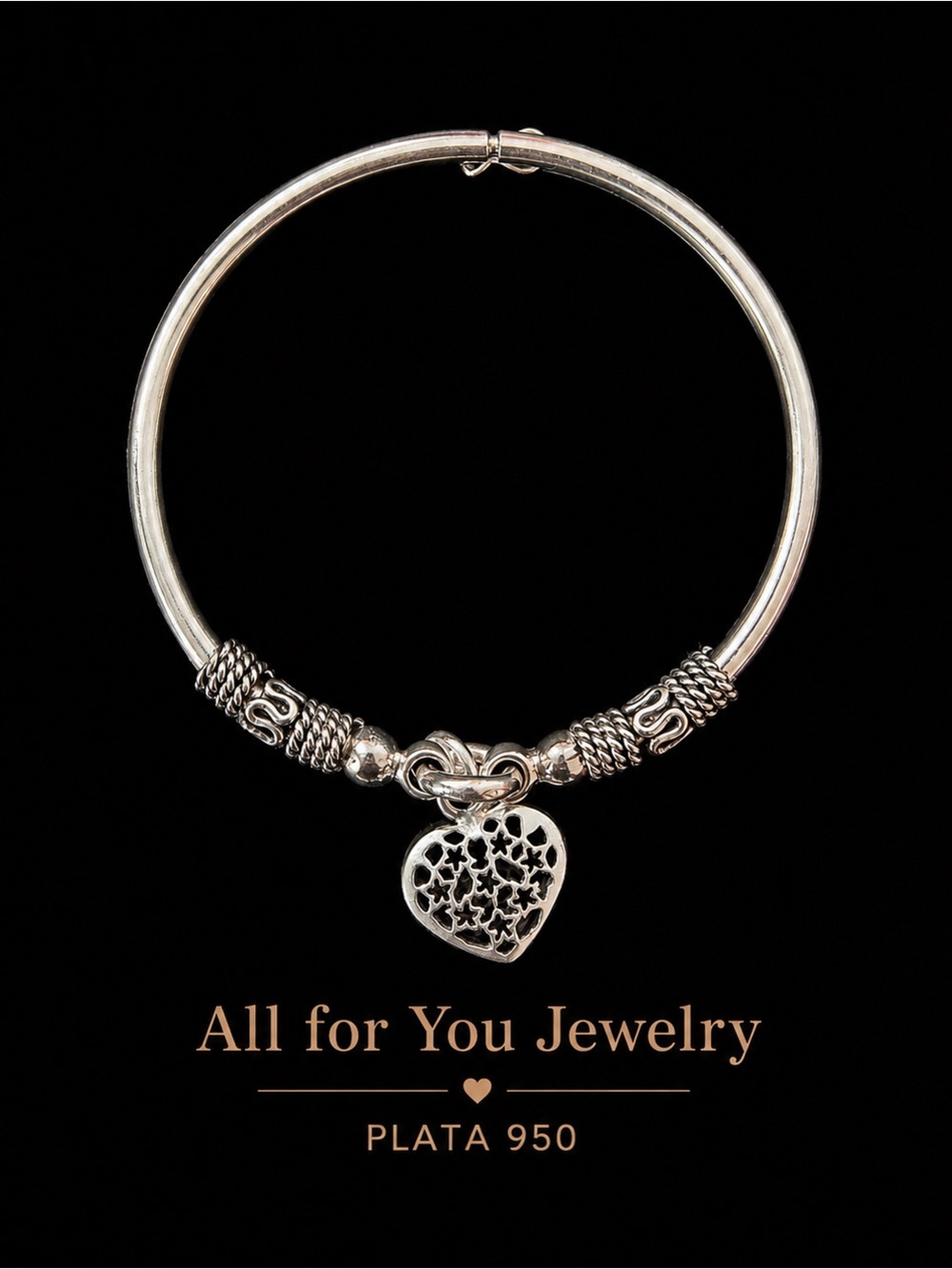 PLATA 950 Silver Heart Charm Bangle
